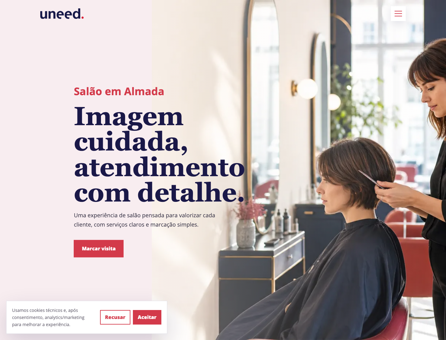 Screenshot da página pública UNEED Cabeleireiros com botão para marcar visita