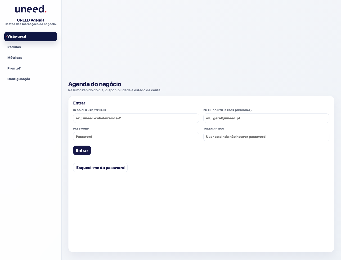 Screenshot da área protegida UNEED para gestão das marcações